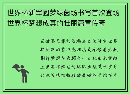 世界杯新军圆梦绿茵场书写首次登场世界杯梦想成真的壮丽篇章传奇